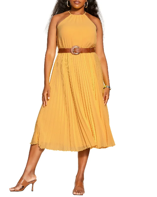 Reyna Pleated Halter Dress | Yellow