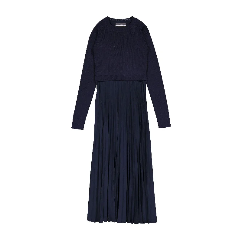 ROWE Navy Knit Overlay Pleated Dress