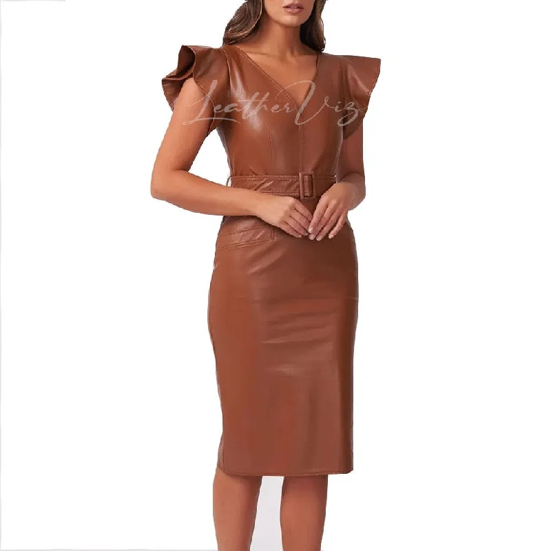 RUFFLE EDGE SHOULDERS WOMEN LEATHER DRESS