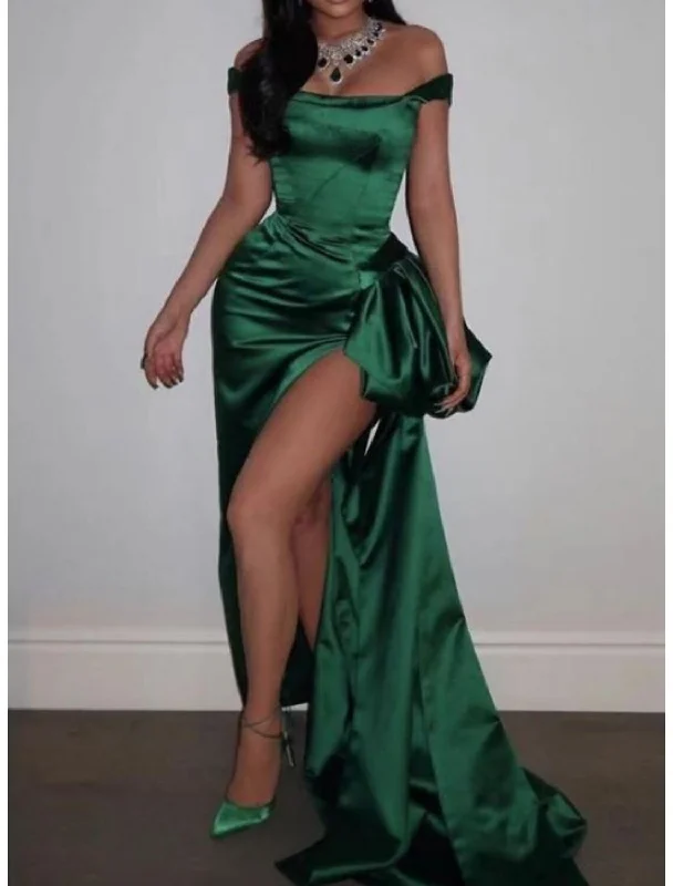 Sheath / Column Celebrity Style Sexy Prom Formal Evening Dress Off Shoulder Sleeveless Sweep / Brush Train Satin