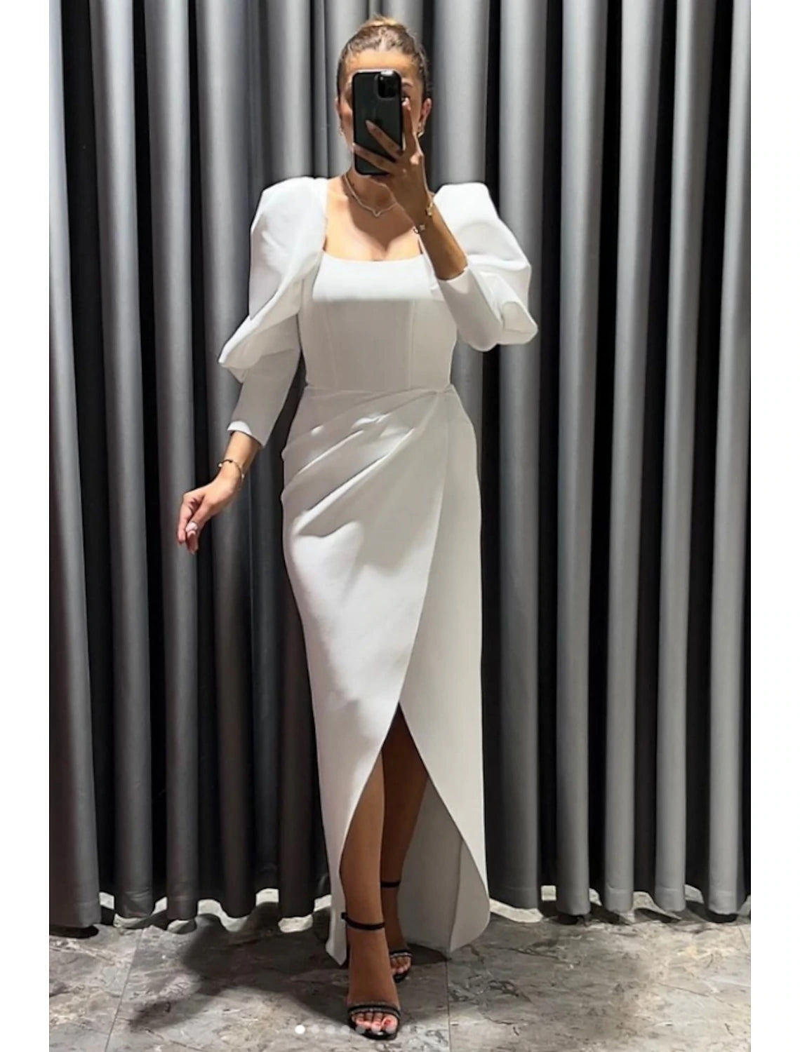 Sheath / Column Evening Gown Elegant Dress Formal Fall Asymmetrical 3/4 Length Sleeve Square Neck Stretch Fabric with Ruched Slit