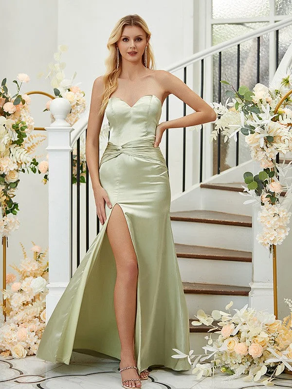 Sheath/Column Silk like Satin Ruched Sweetheart Sleeveless Floor-Length Bridesmaid Dresses