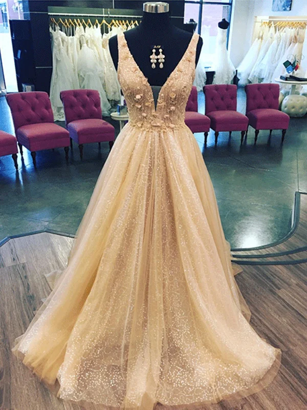 Shiny V Neck Champagne Floral Long Prom Dresses, Champagne 3D Flowers Formal Evening Dresses