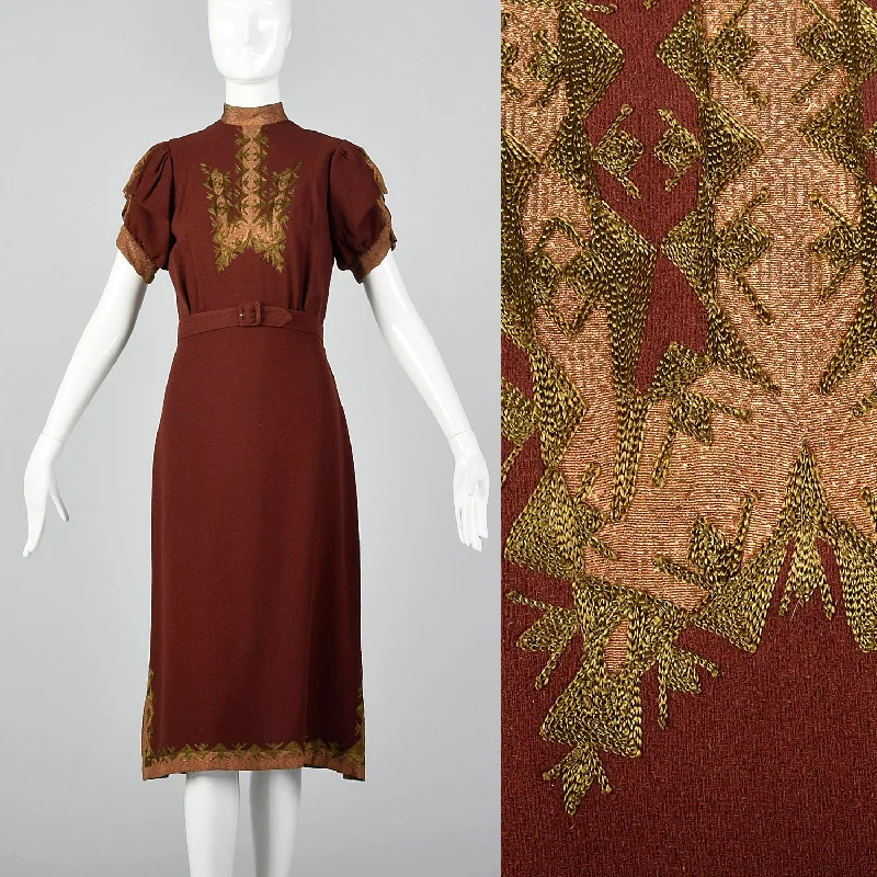 Small 1930s Wool Dress with Lamé and Embroidery