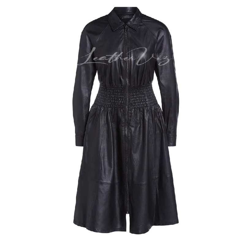 SMOCKED WAIST WOMEN LEATHER DRESS