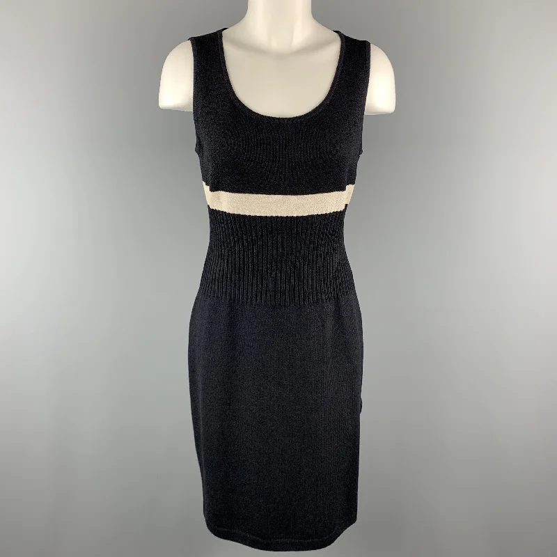 ST. JOHN Size S Black Wool/Rayon Knitted Striped Sleeveless Dress