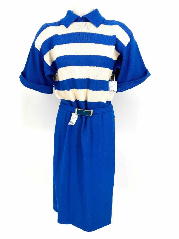 ST. JOHN Women's Blue Belted Knit Stripe Size 8 Dress