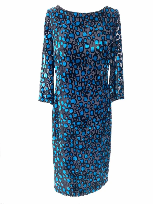 ST.JOHN Women's Teal Shift Silk Velvet Leopard Size XS Dress