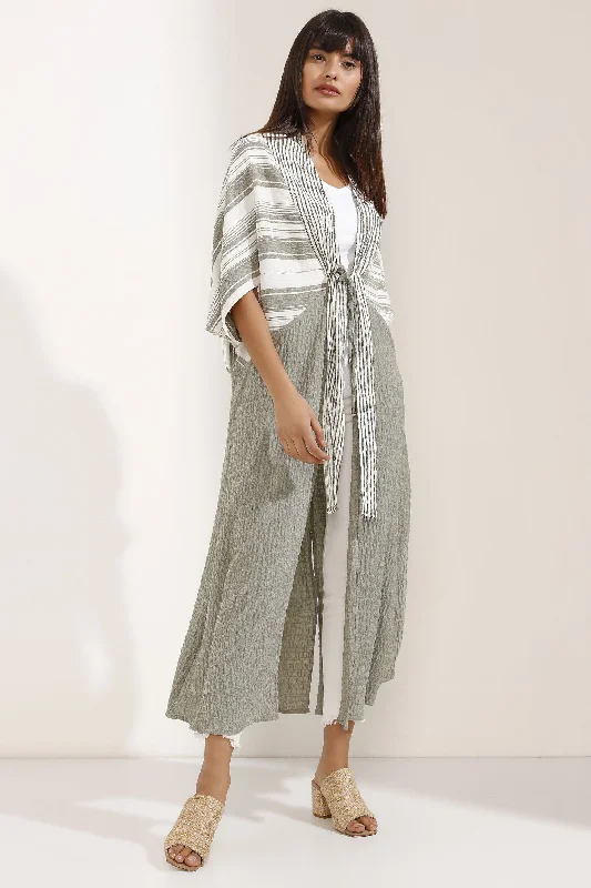 Tie Front Mix Stripe Linen Kimono