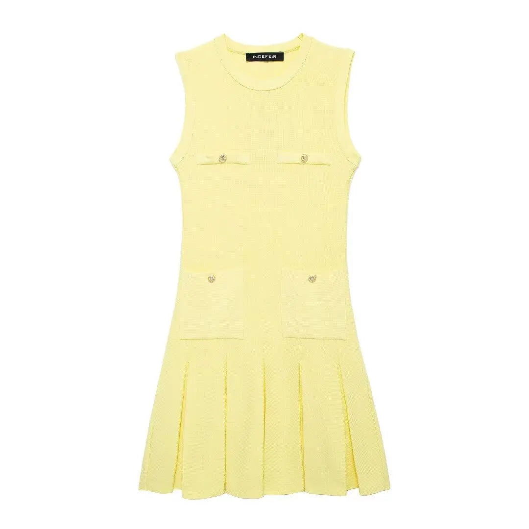 Summer O-Neck Sleeveless Pale Yellow Knitted Dress