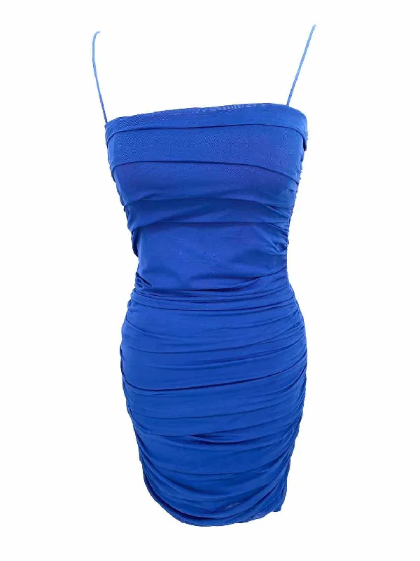 thatssofetch Women's Blue ruched sheath spaghetti strap Polyester Size 4 Dress