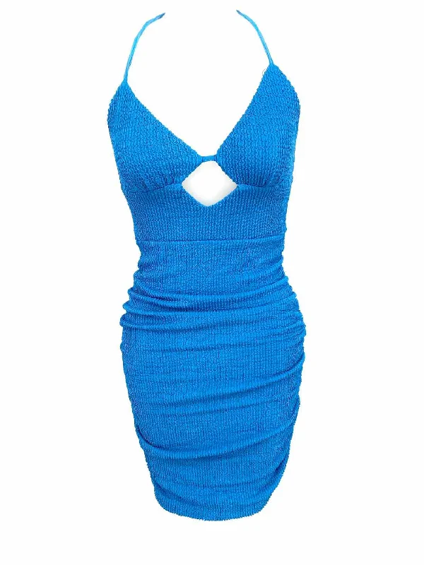 thatssofetch Women's Blue Textured Halter Polyester Ruched Size 4 Dress