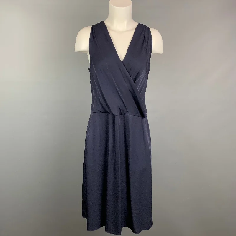 THEORY Size 12 Navy Silk Faux Wrap Sleeveless Dress