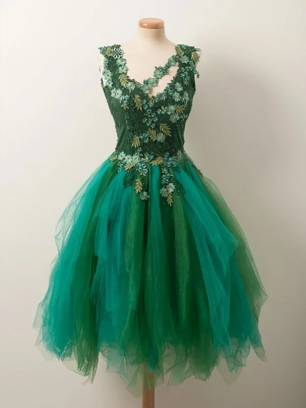 Unique Beaded Floral Short Green Lace Prom Dresses, Fluffy Green Lace Formal Graduation Homecoming Dresses