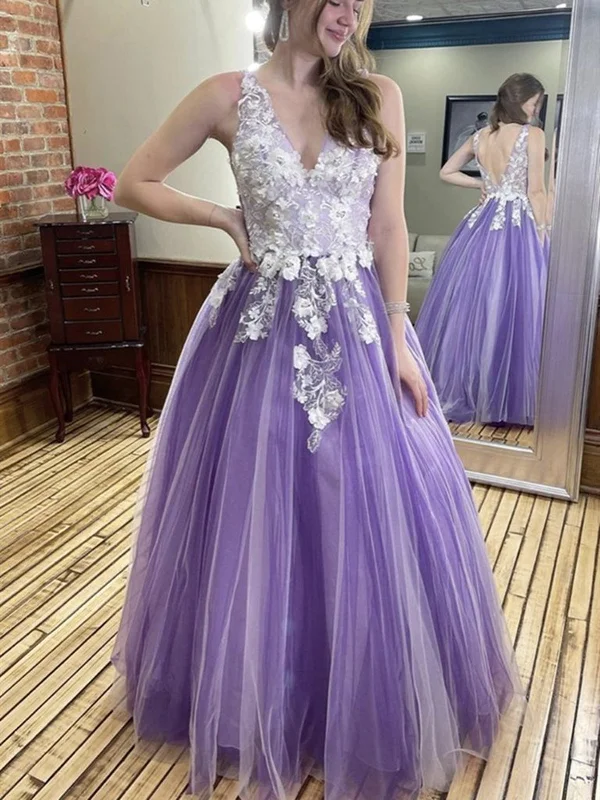 V Neck and V Back Purple Lace Floral Prom Dresses, 3D Flower Purple Long Formal Evening Dresses