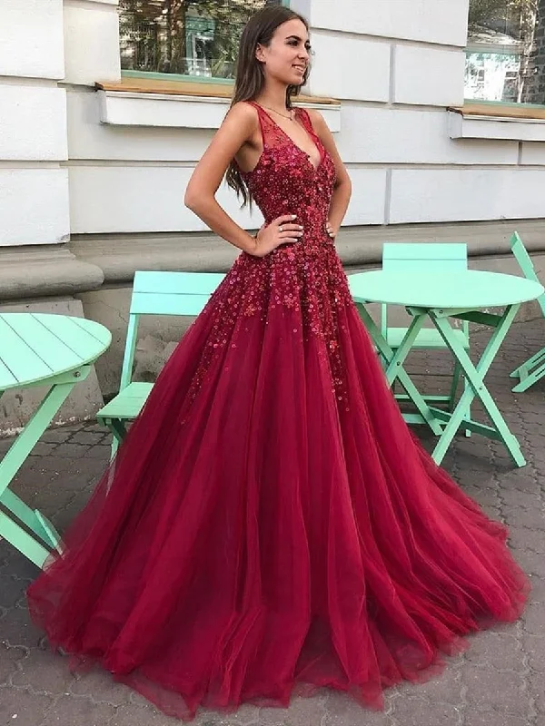 V Neck Burgundy Floral Long Prom Dresses, 3D Flower Burgundy Long Formal Evening Dresses