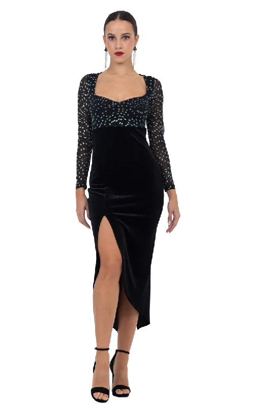 Velvet Dress With Sparkling Mesh & Curved Slit