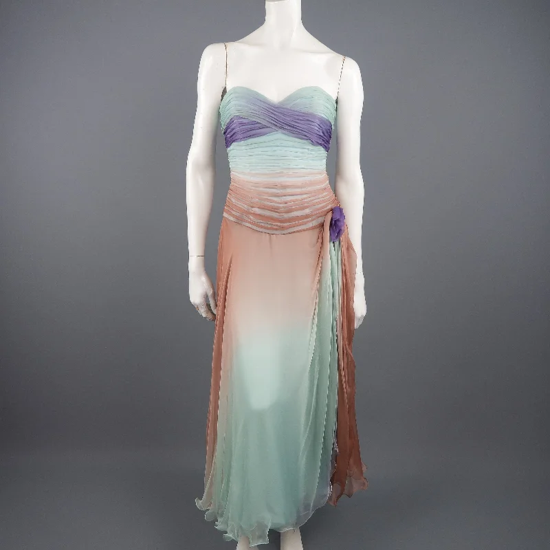 VICKY TIEL COUTURE Size 8 Aqua Tan & Purple Pleated Silk Strapless Dress