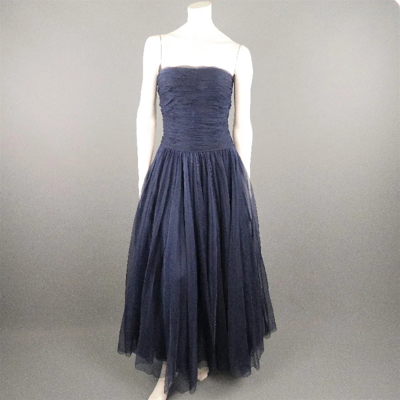 Vintage CHANEL Size US 8 / FR 40 Navy Gathered Silk Strapless Spring 1997 Dress