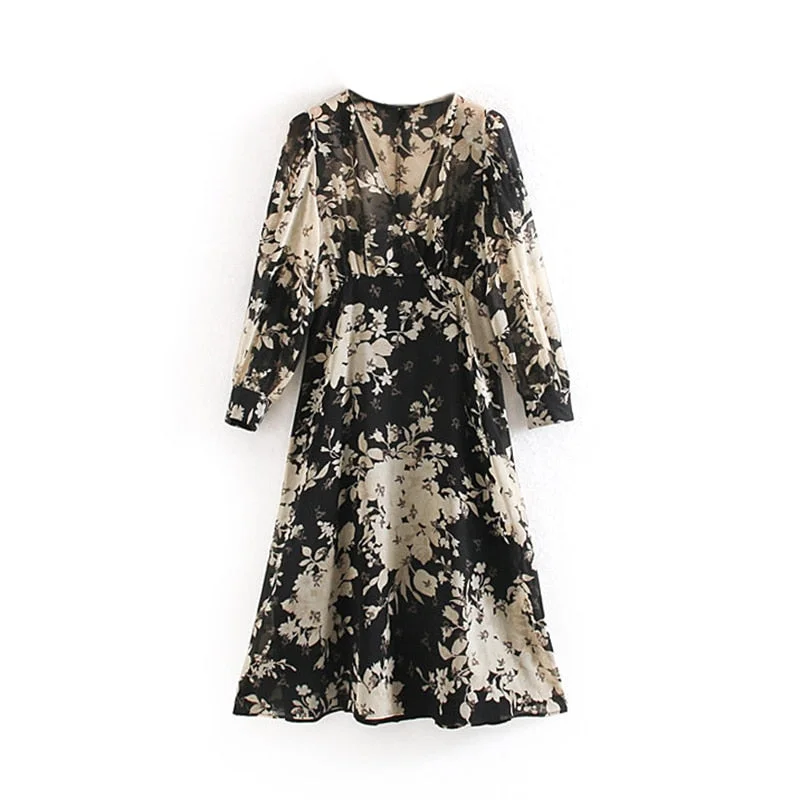 Vintage Floral Print V Neck Women Dress Elegant