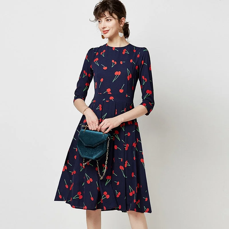 Vintage O Neck Casual A Line Cherry Print Dresses