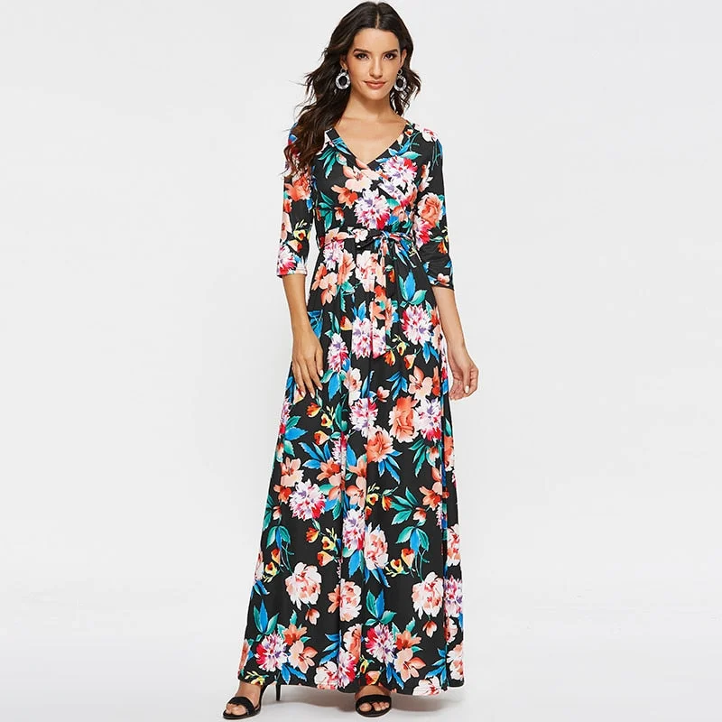 Women Elegant Long Dress Sexy V Neck Printed