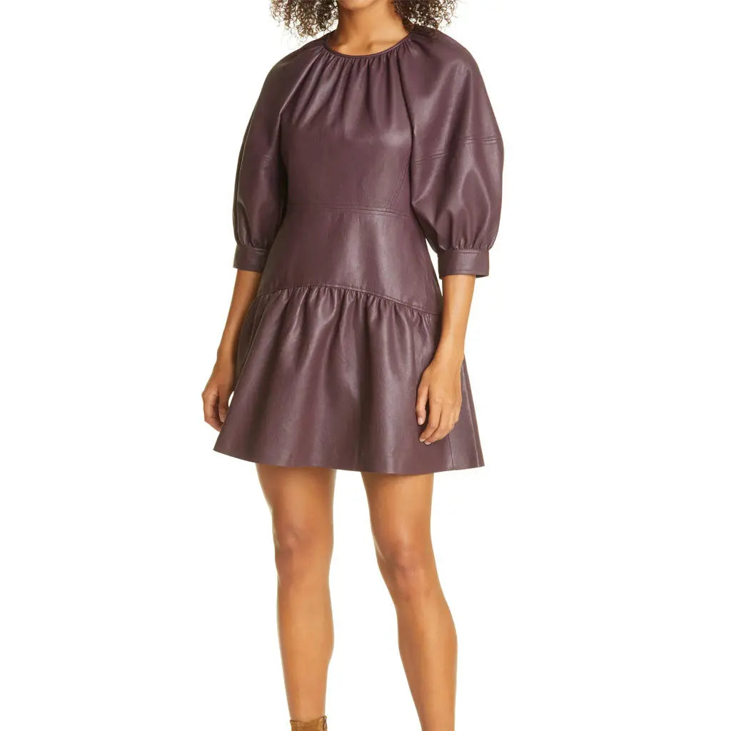 Women's Faux Leather Puff Sleeve Dress