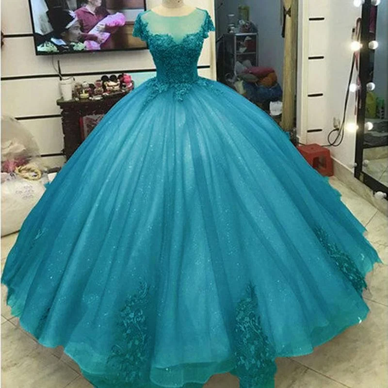 Glitter Lace Appliqued Turquoise Formal Evening Ball Gown Debutante Gown with Short Sleeves