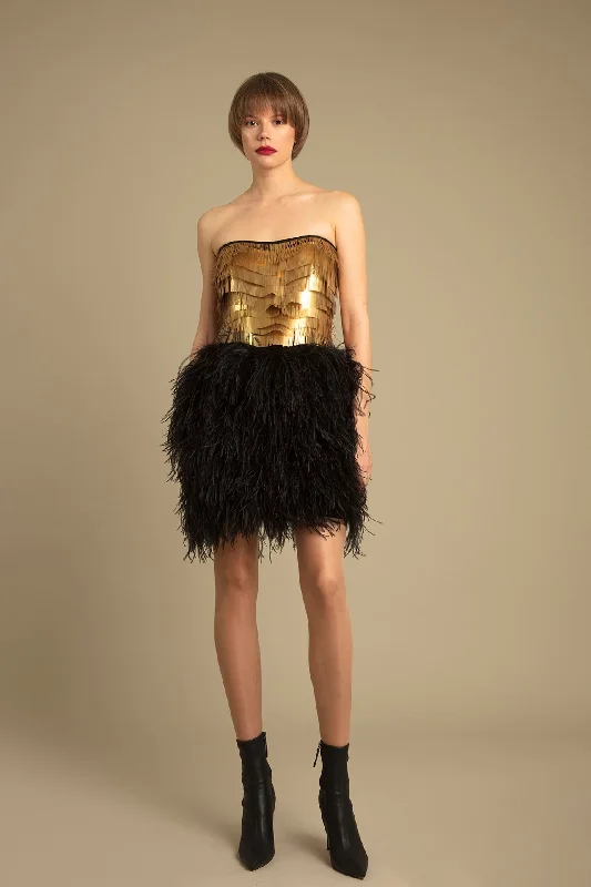 Metallic strapless top with short feathered skirt