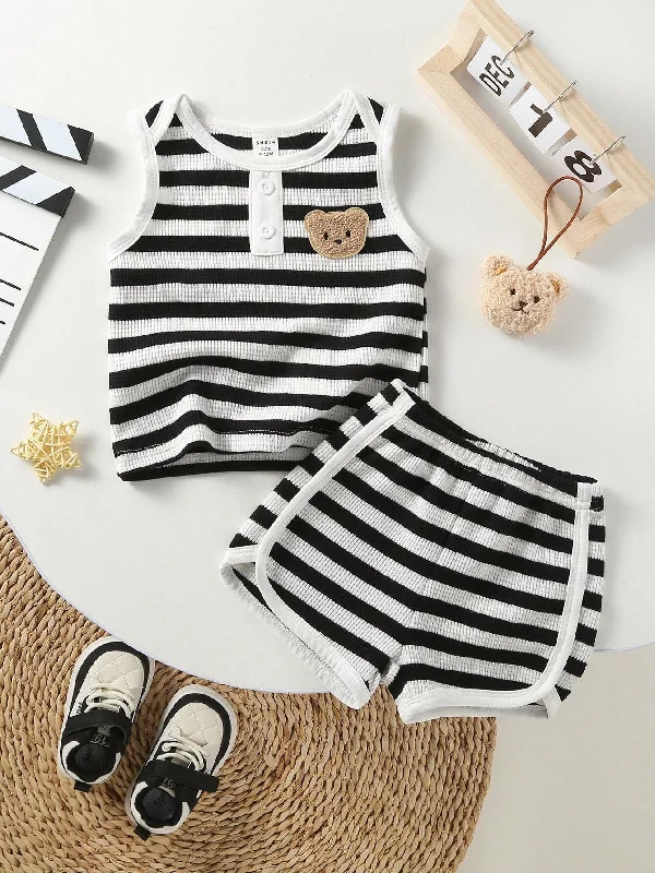 SHEIN Toddler Boys' Black And White Striped Bear Embroidered Sleeveless Top With Shorts, Casual 2pcs Home Outfit