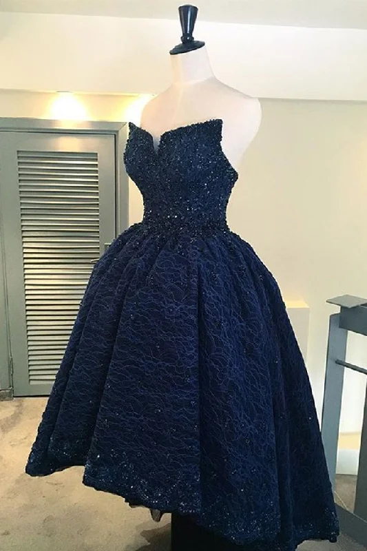 short -hi-lo navy lace formal ball gown, PD8890