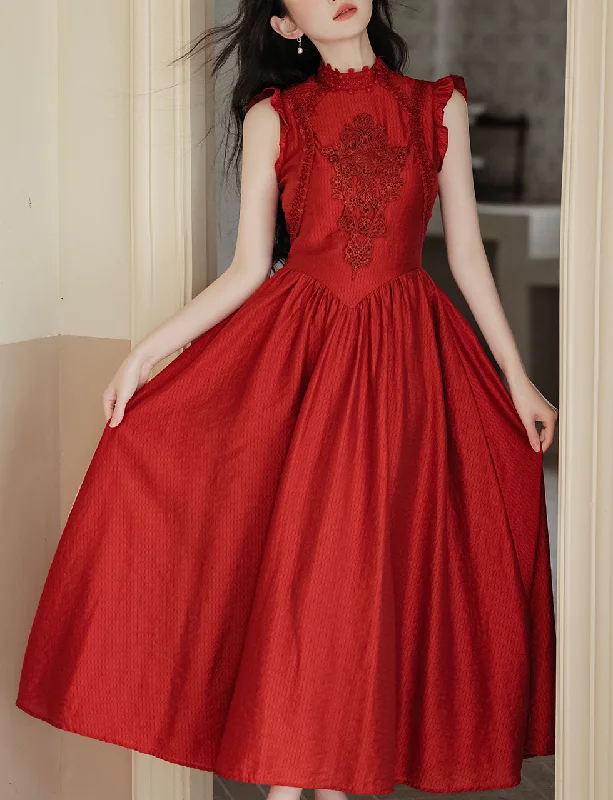 1950S Red Lace Classic Vintage Summer Swing Dress