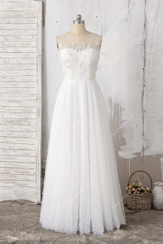 Beaded Floral Lace Glitter Illusion Wedding Dress