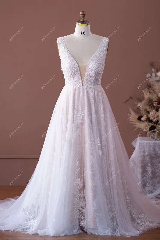 Beaded Floral Lace Plunging A-line Wedding Dress