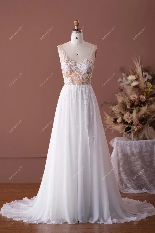 Beaded Illusion Lace Chiffon Boho Wedding Dress