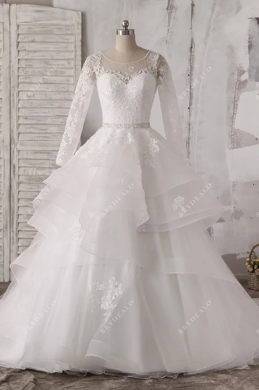 Beaded Lace Tulle Ruffled Ballgown Wedding Dress