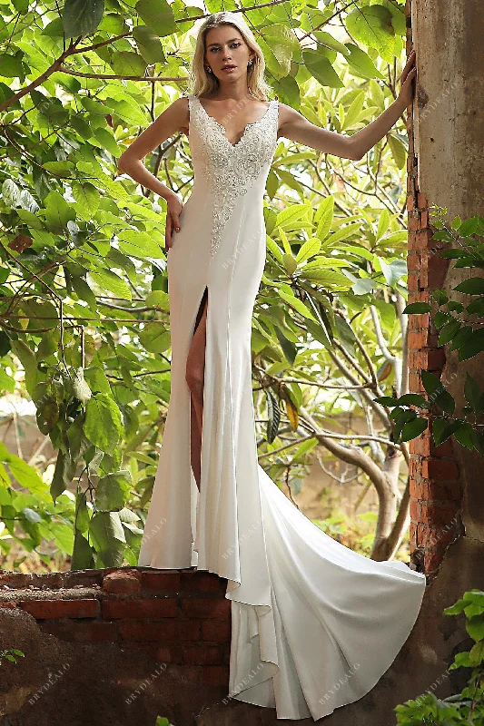 Beaded Lace Strap V Neckline High Slit Wedding Gown