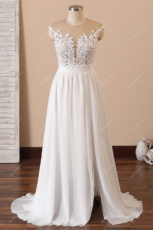 Cap Sleeve Lace Chiffon Slit Beach Wedding Dress