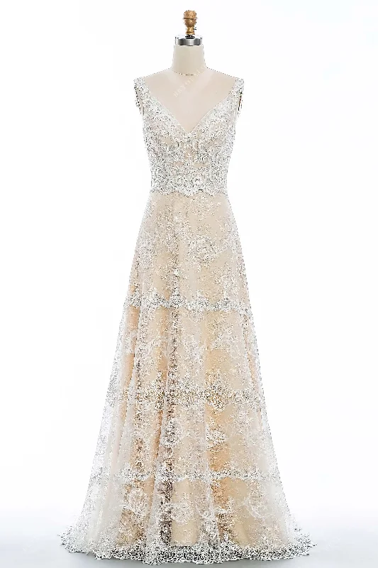 Champagne Floral Lace Straps Wedding Dress