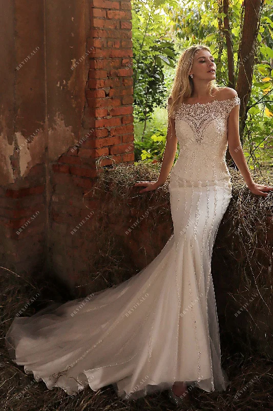 Graceful Off Shoulder Lace Mermaid Wedding Gown