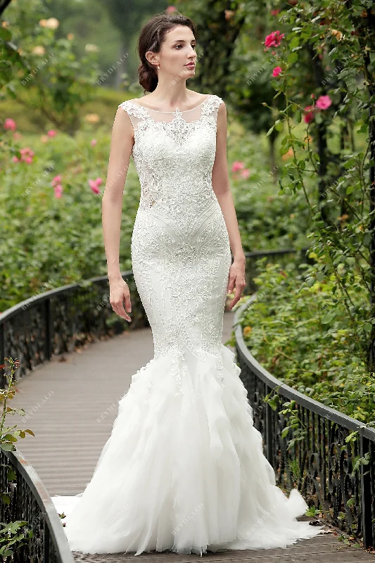 Illusion Neck Lace Tulle Flounced Mermaid Bridal Gown