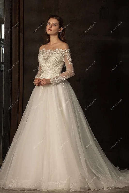 Illusion Sleeved Beaded Lace A-line Wedding Dress