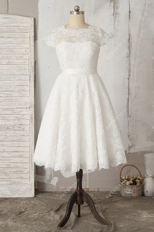 Lace Cap Sleeve Illusion Tea Length Wedding Dress