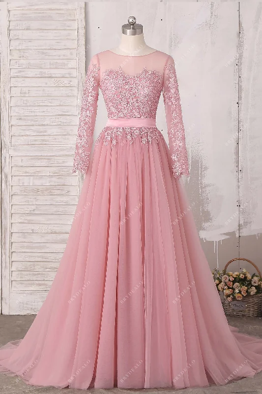 Lace Dusty Pink Tulle Illusion Wedding Dress