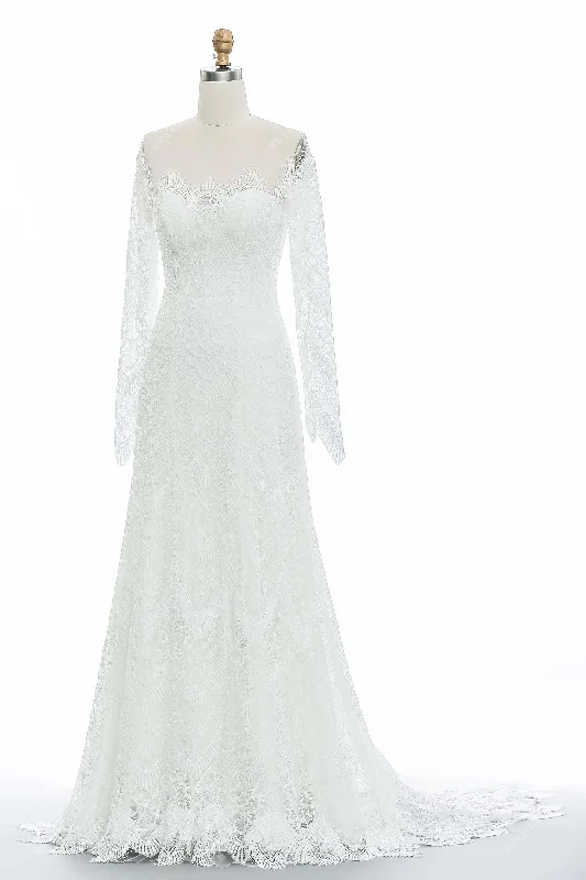 Long Sleeve Illusion Neck Lace Wedding Dress