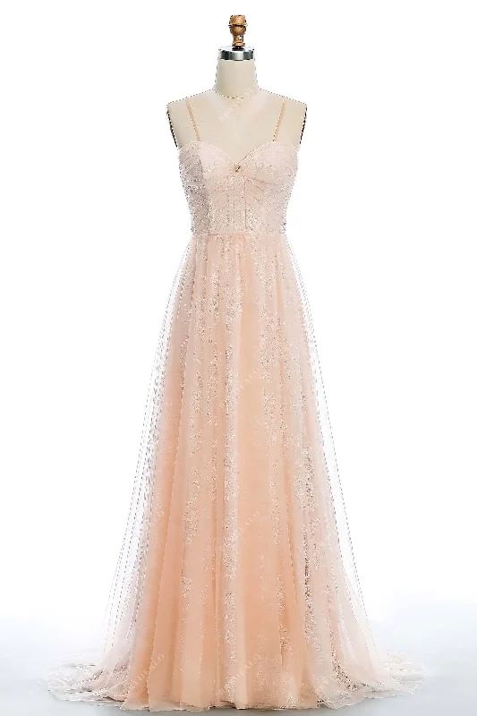 Peach Pink Beaded Lace Destination Wedding Dress