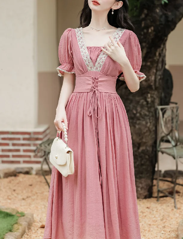 Pink Handmade Rhinestone Lace-up Belt Edwardian Revival Dress