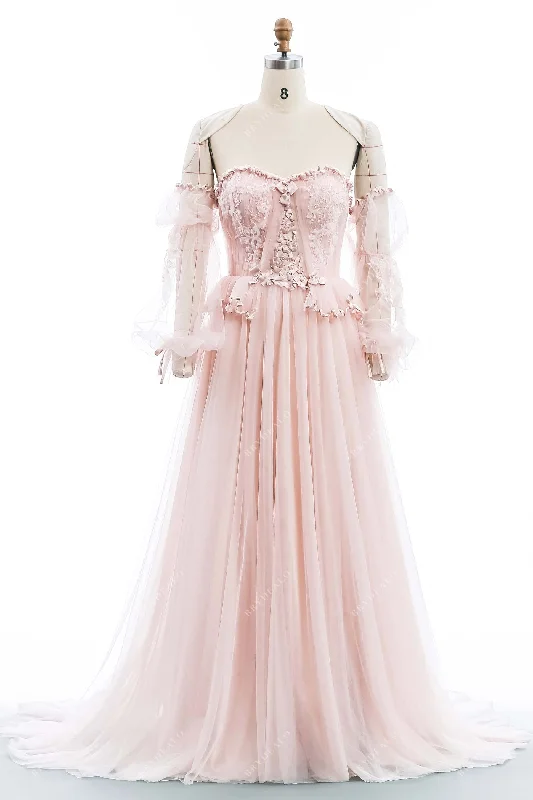 Pearl Pink Lace Tulle Sweetheart A-line Wedding Dress