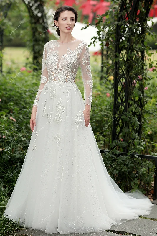 Romantic Beaded Lace Illusion Sleeved Bridal Gown