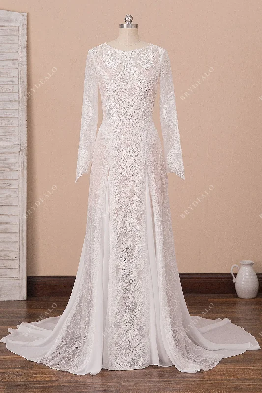 Sheer Lace Chiffon Long Sleeve Boho Wedding Dress